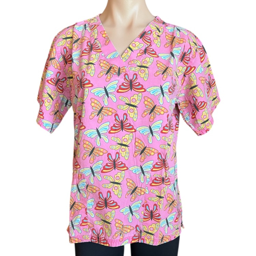 UA Scrubs Pink Butterflies Short Sleeve Scrubs Top GUC